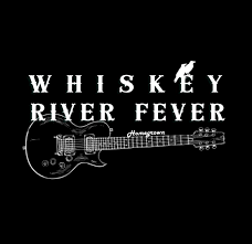 Whiskey River Fever" written in white letters above a black electric guitar illustration, with a small bird perched on the "K" in "WHISKEY," on a black background.
