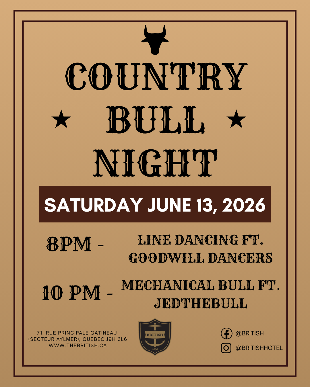 Poster for "Country Bull Night" on Saturday, June 13, 2026, with line dancing at 8 PM and a mechanical bull at 10 PM. Event details and social media links at the bottom, western-style design.