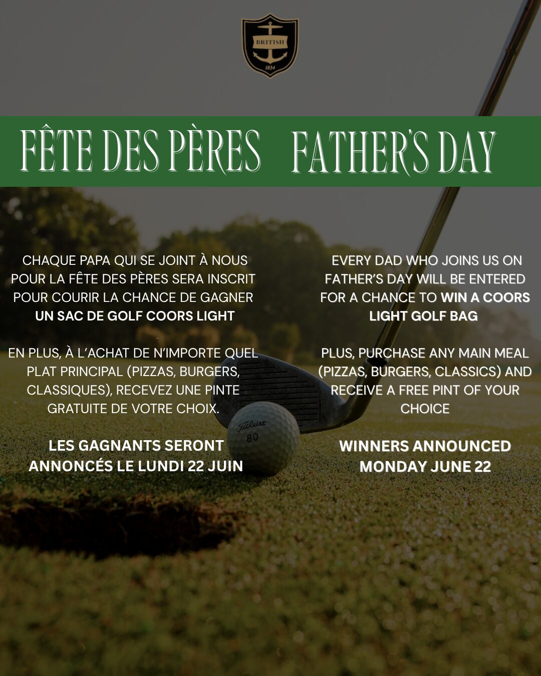 A golf ball and club on grass with Father’s Day event text in French and English, describing a chance to win a Coors Light golf bag and a free pint with a main meal; winners announced June 22.