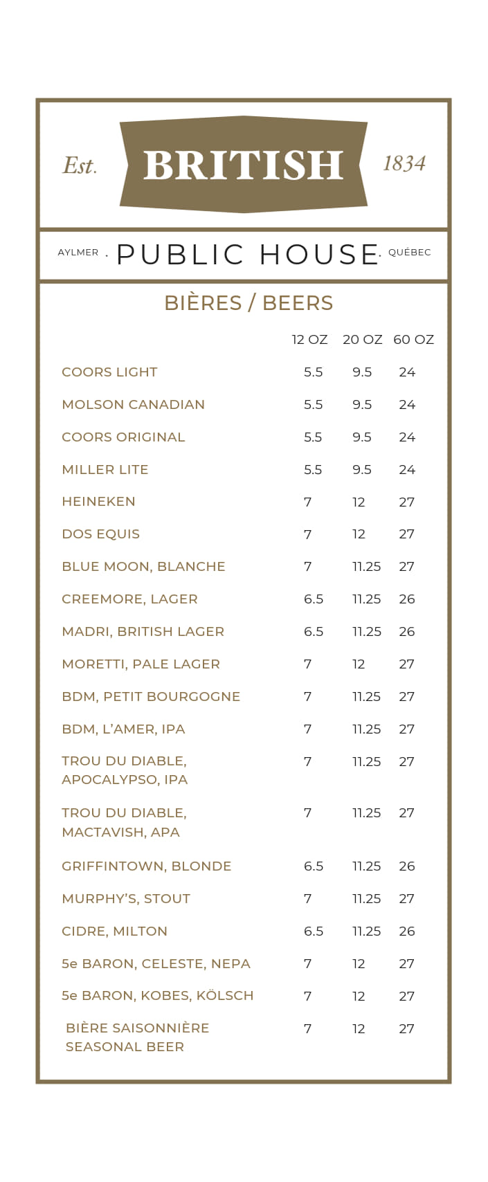 A beer menu from British Public House lists various beers with sizes (12, 20, 60 oz) and prices in dollars. Brands include Coors Light, Heineken, Blue Moon, Guinness, IPA, and more, with prices ranging from $5 to $27.