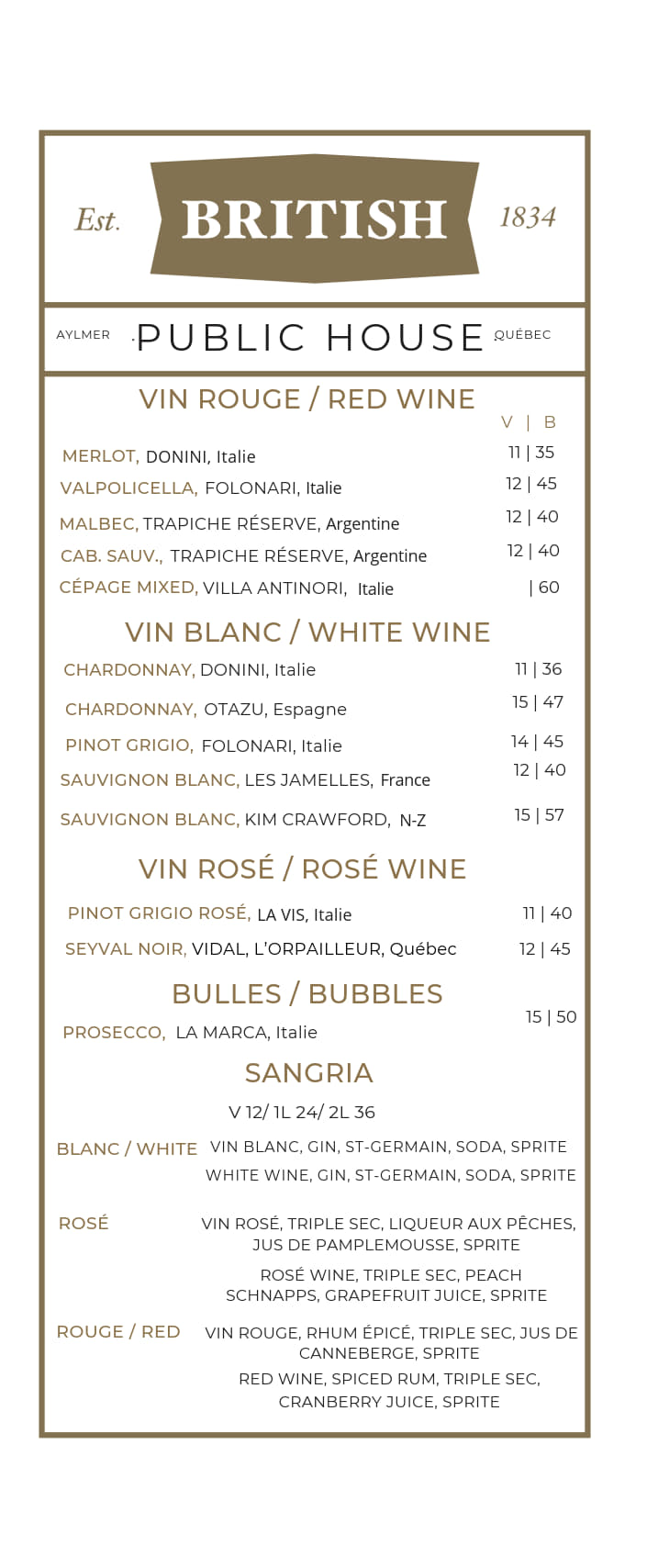 A wine menu from "Public House" listing red, white, rosé, and sparkling wines, plus cocktails. Wines from Italy, France, Spain, New Zealand, and Quebec are shown with prices by the glass and bottle.