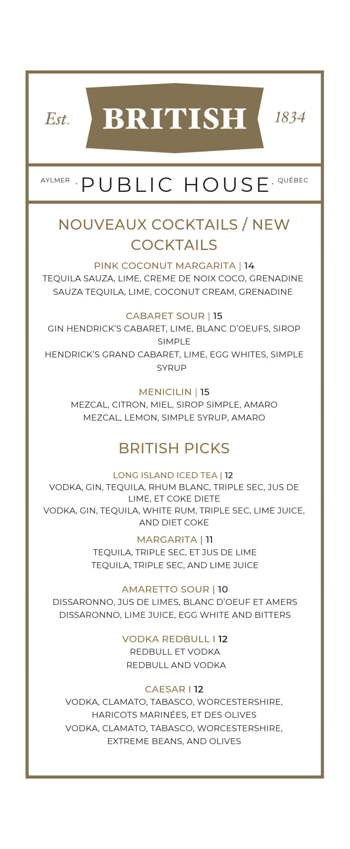 A cocktail menu from British Public House listing new cocktails and British picks, with drink names, ingredients, and prices in an elegant white and gold design. The top features the bar's logo, location, and established year.