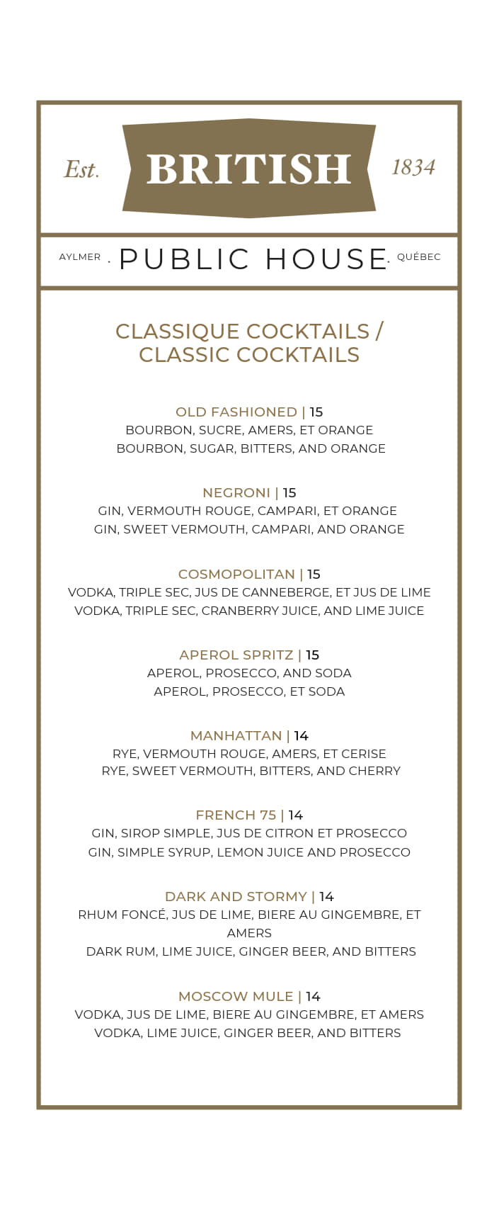 A British-style pub cocktail menu listing classic drinks and their ingredients, including Old Fashioned, Negroni, Aperol Spritz, Manhattan, Dark and Stormy, and Moscow Mule, with prices next to each item.