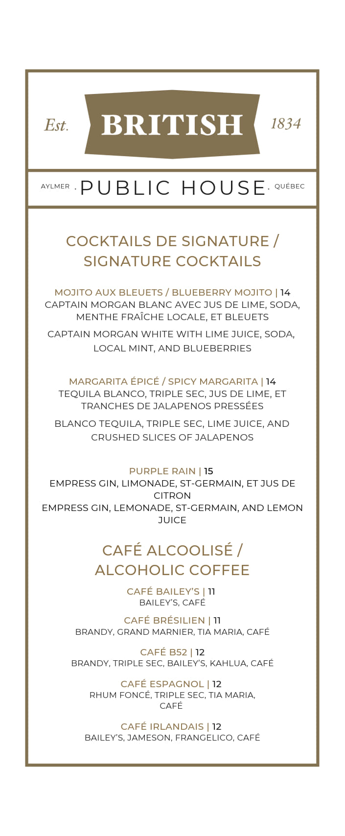 A menu from British Public House listing signature cocktails and alcoholic coffees in French and English, with drinks like Blueberry Mojito, Spicy Margarita, Café Baileys, and their ingredients. Black and gold accents.