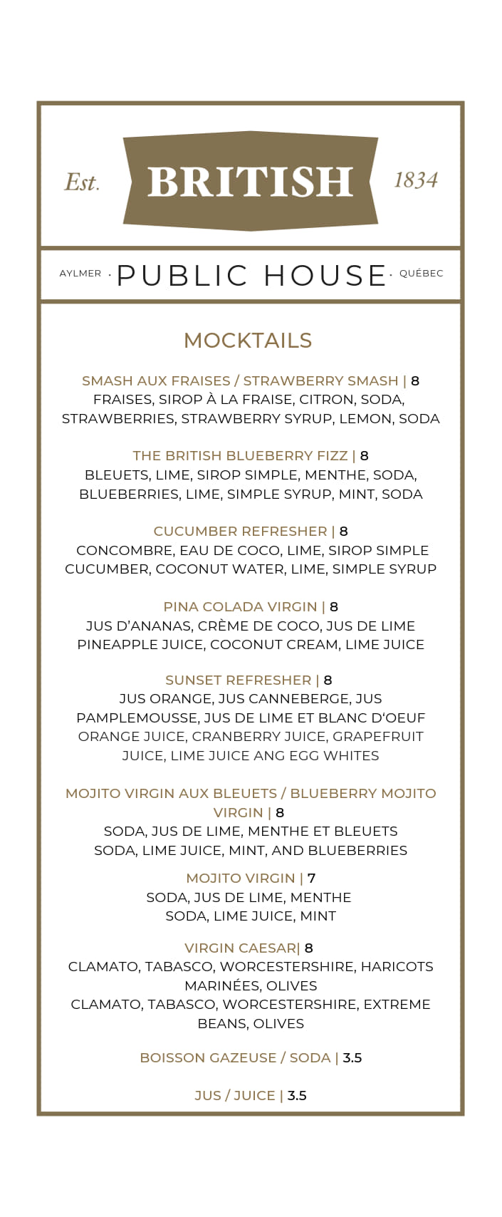 Menu from "British Public House" featuring mocktails such as Strawberry Smash, Blueberry Mint, Coco Cucumber, Pineapple Mule, and Blueberry Mojito, along with soda, juice, and virgin Caesar options.