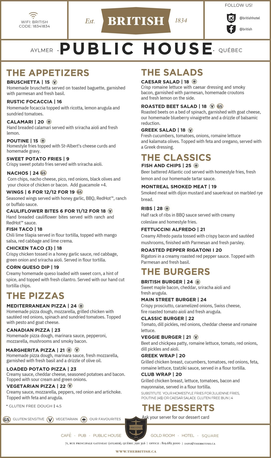 Menu for British Pub featuring appetizers, salads, classics, and house specialties. Dishes include bruschetta, calamari, burgers, fish & chips, pastas, and salads, all described with ingredients and prices. Black and gold design.