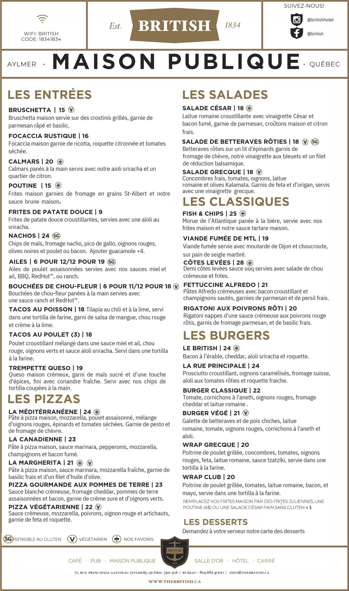 Menu d'été (EN) Carte d'un pub britannique proposant entrées, salades, classiques et spécialités maison. Au menu : bruschetta, calamars, burgers, fish and chips, pâtes et salades, avec la liste des ingrédients et les prix. Design noir et or.