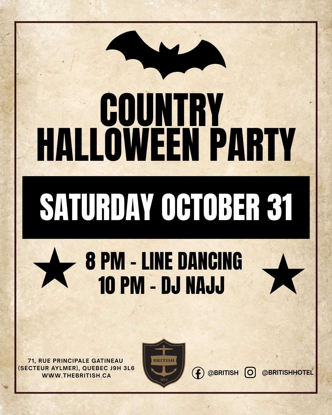 Poster with a bat icon and text: “Country Halloween Party, Saturday October 31. 8 PM Line Dancing, 10 PM DJ Najj,” with stars and event details at the bottom on a beige background.